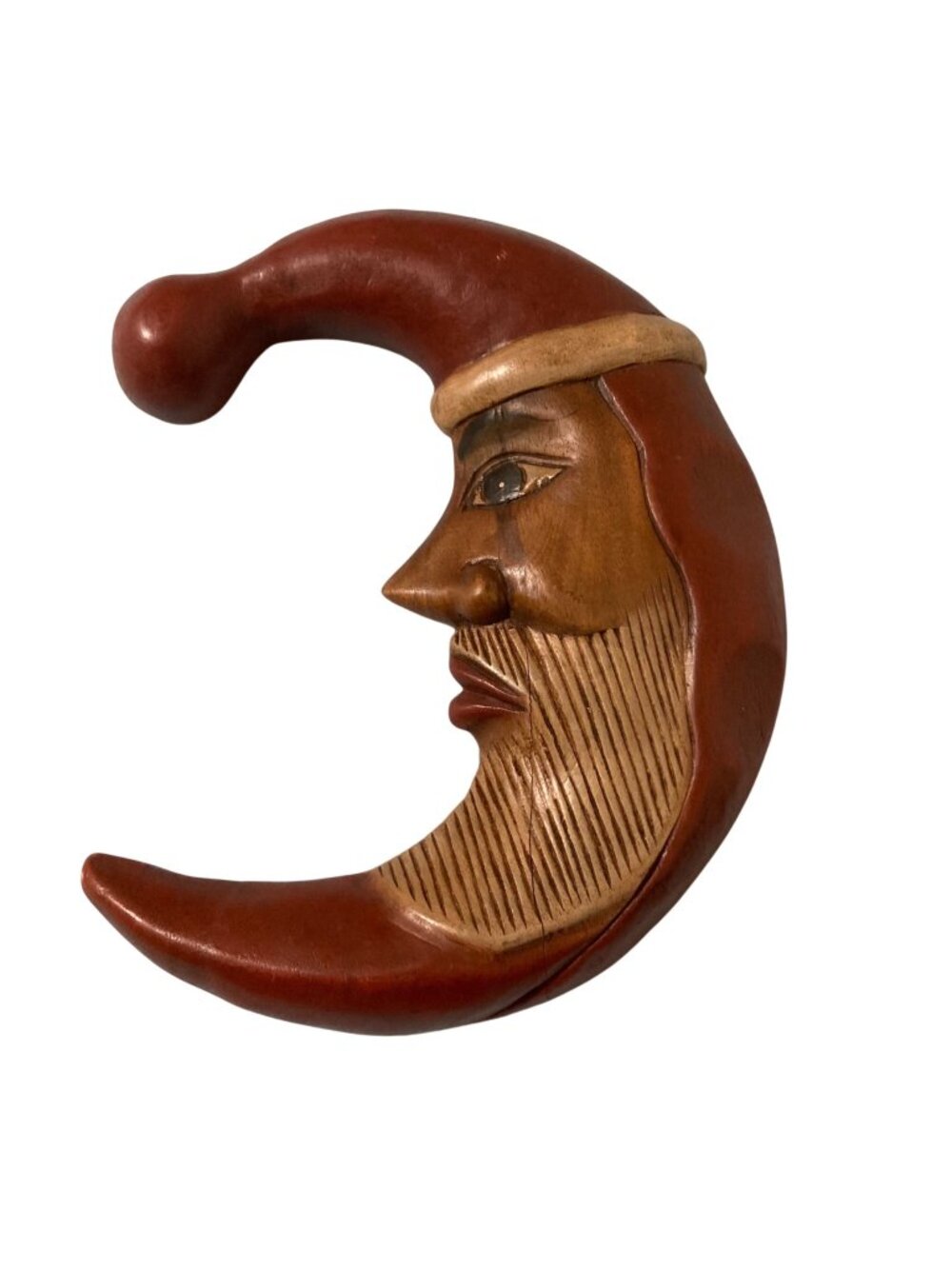 Vintage Christmas Celestial Hand-Carved Wooden Crescent Moon Face Wall Art